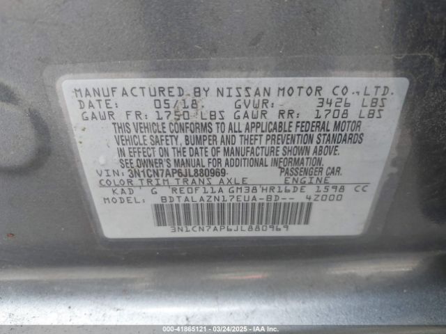 3N1CN7AP6JL880969 Nissan Versa 1.6 S+