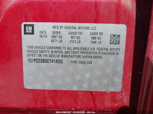 1G1PC5SB8E7414992 Chevrolet Cruze 1lt Auto