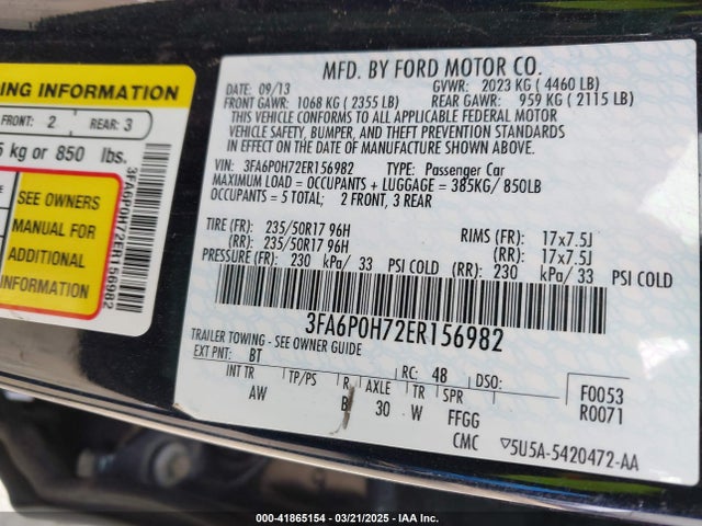 Ford FUSION SE 2014 3FA6P0H72ER156982 Image 9