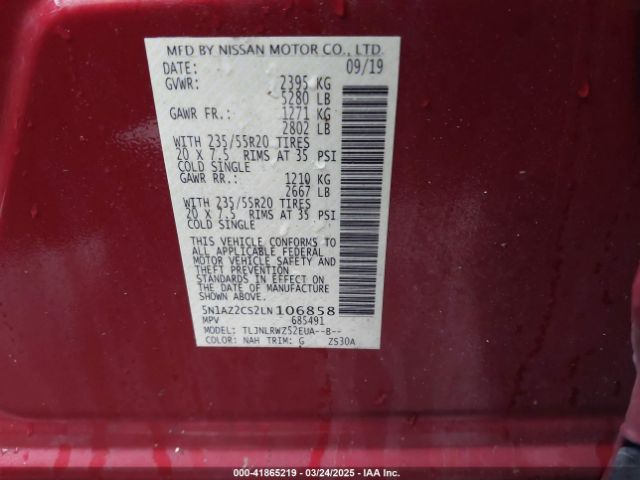5N1AZ2CS2LN106858 Nissan Murano Sl Intelligent Awd