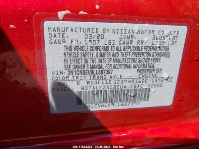 3N1CN8EV9LL887397 Nissan Versa Sv Xtronic Cvt