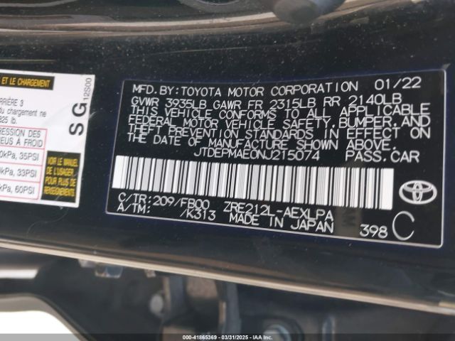 JTDEPMAE0NJ215074 Toyota COROLLA LE