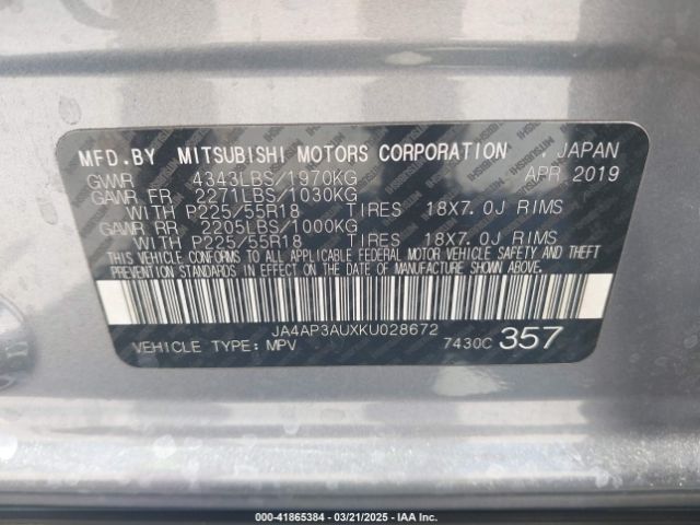 JA4AP3AUXKU028672 Mitsubishi Outlander Sport 2.0 Es/2.0 Le/2.0 Sp