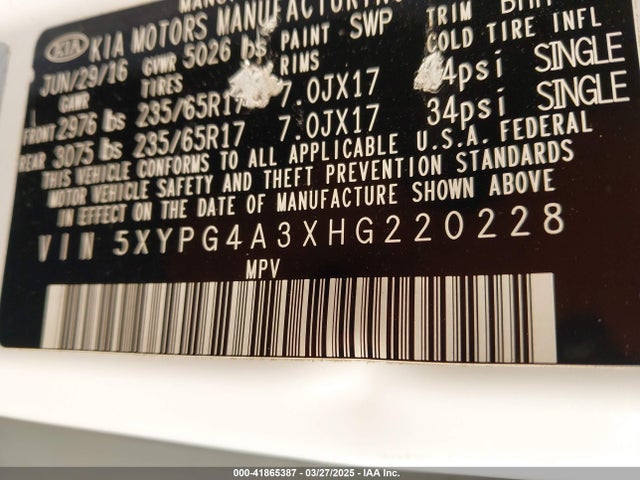 5XYPG4A3XHG220228 KIA Sorento 2.4l Lx