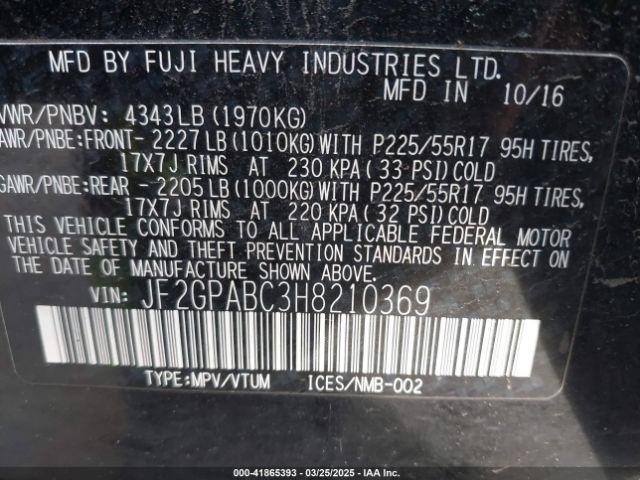 JF2GPABC3H8210369 Subaru Crosstrek 2.0i Premium