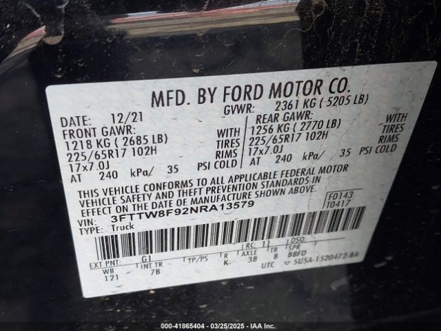 3FTTW8F92NRA13579 Ford Maverick Xlt