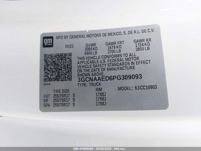 Aukcja sprzedaży 2023 Chevrolet Silverado 1500 2wd  Long Bed Wt, vin: 3GCNAAED6PG309093, numer aukcji: 41865426