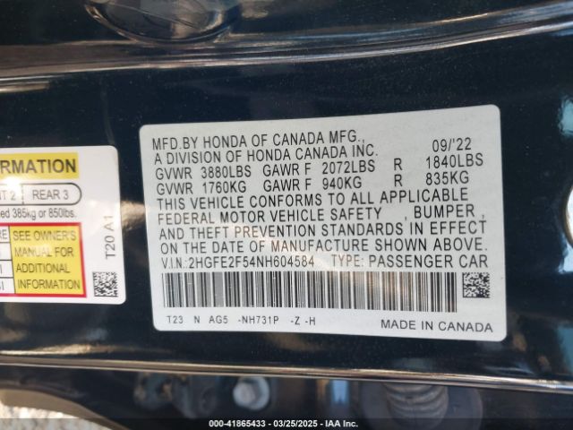 2HGFE2F54NH604584 Honda Civic Sport
