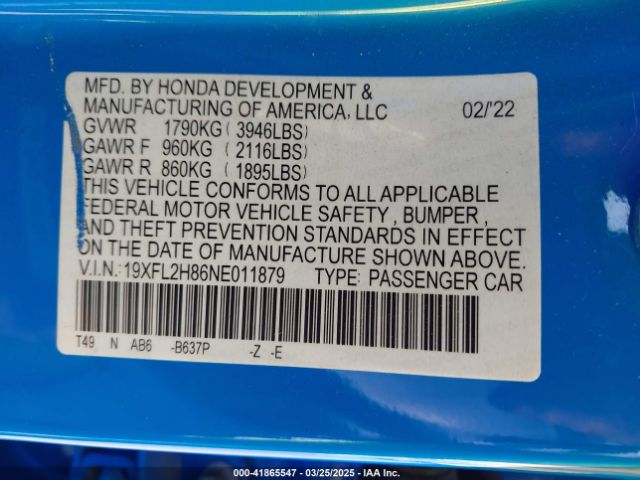 19XFL2H86NE011879 Honda Civic Sport