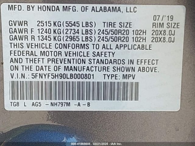 5FNYF5H90LB000801 Honda Pilot 2wd Touring 8 Passenger