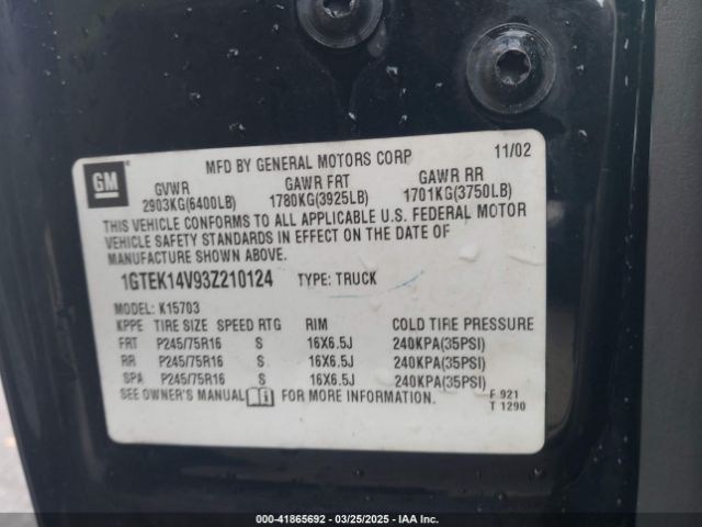 2003 GMC SIERRA 1500 1GTEK14V93Z210124 Photo 8