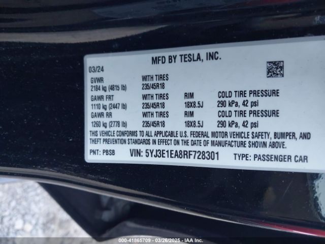 5YJ3E1EA8RF728301 Tesla Model 3 Long Range Dual Motor All-wheel Drive/rear-wheel Drive
