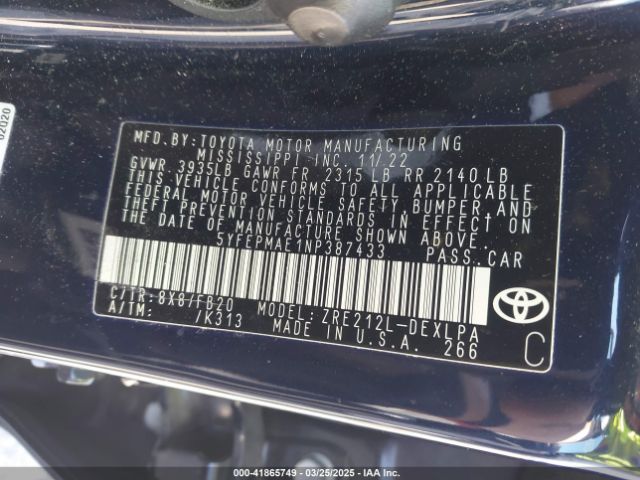 5YFEPMAE1NP387433 Toyota COROLLA LE