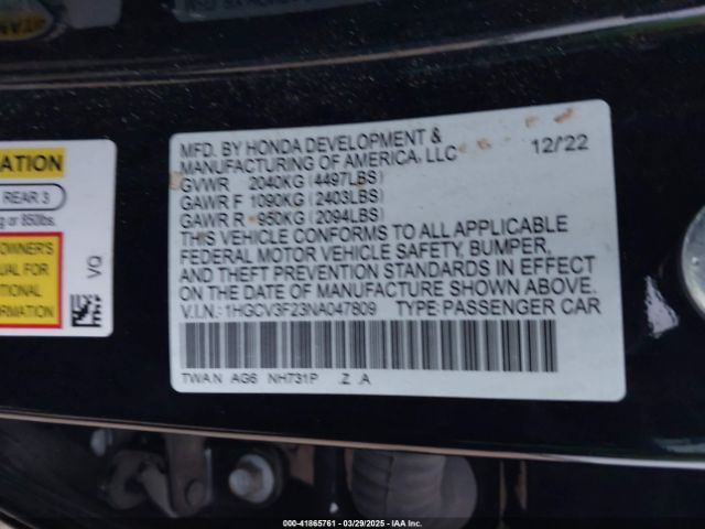 1HGCV3F23NA047809 Honda Accord Hybrid Sport