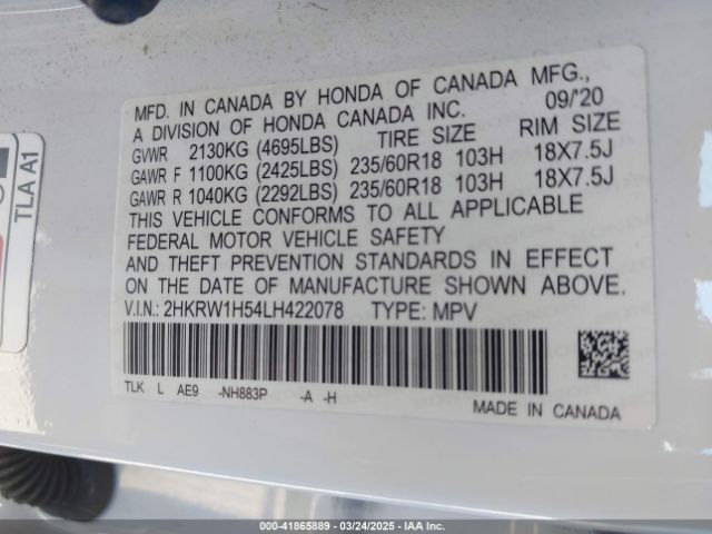 2HKRW1H54LH422078 Honda Cr-v 2wd Ex