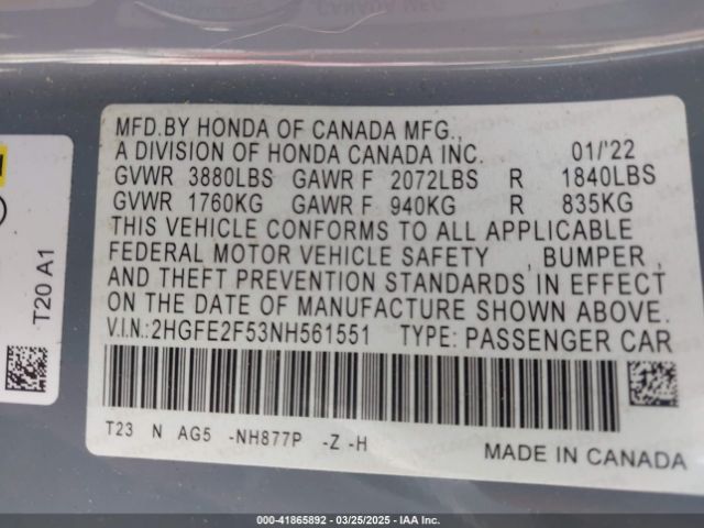 2HGFE2F53NH561551 Honda Civic Sport