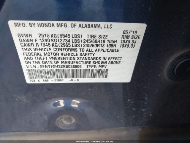 5FNYF5H32KB038606 Honda Pilot Ex