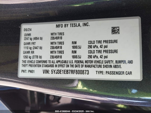 5YJ3E1EB7RF800873 Tesla MODEL 3