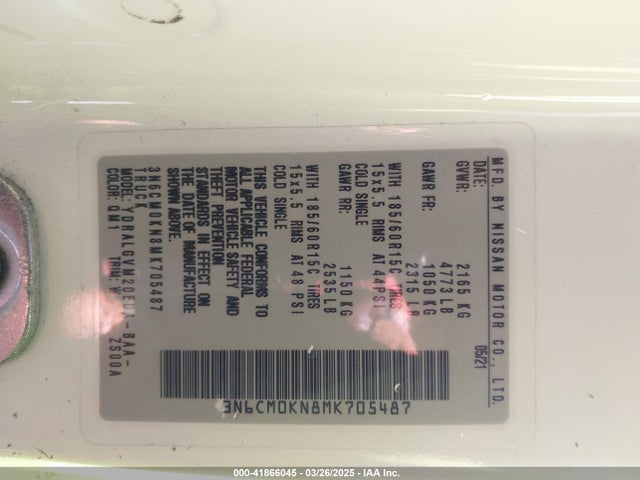 3N6CM0KN8MK705487 Nissan Nv200  Cargo Sv Xtronic Cvt