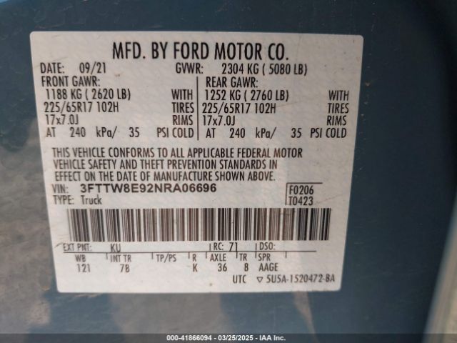 3FTTW8E92NRA06696 Ford Maverick Xlt