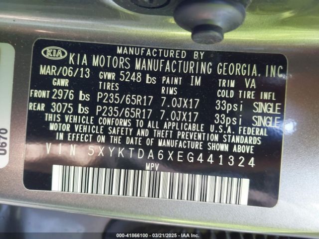 5XYKTDA6XEG441324 KIA SORENTO LX