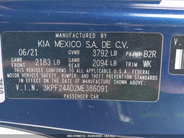 3KPF24AD2ME386091 KIA Forte Lxs