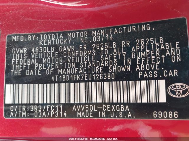 4T1BD1FK7EU126380 Toyota Camry Hybrid Xle