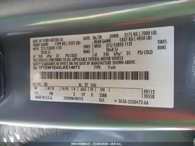1FTEW1E43LKE14873 Ford F-150 Lariat