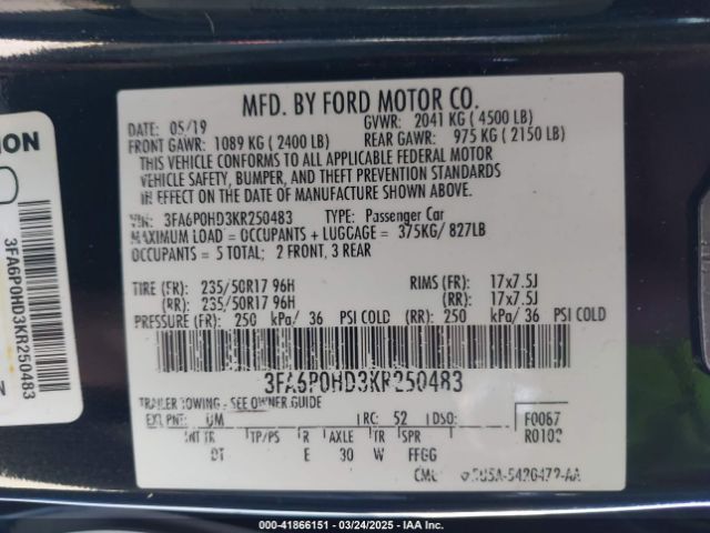 3FA6P0HD3KR250483 Ford FUSION SE