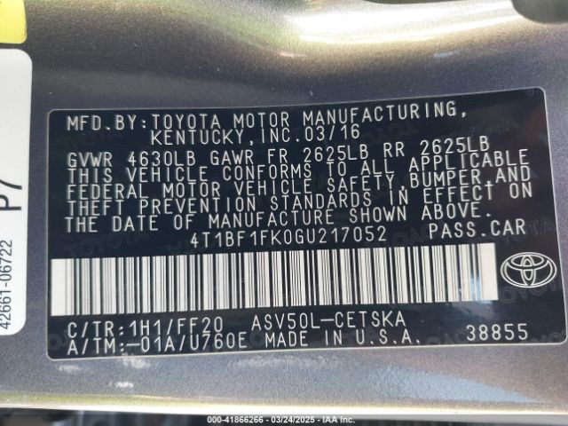 4T1BF1FK0GU217052 Toyota CAMRY SE