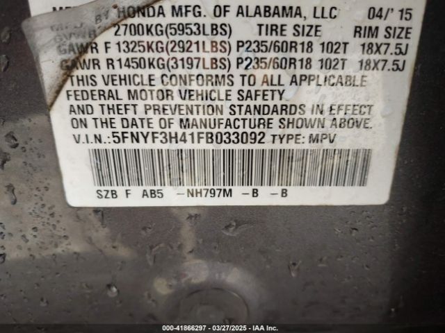 5FNYF3H41FB033092 Honda Pilot Ex