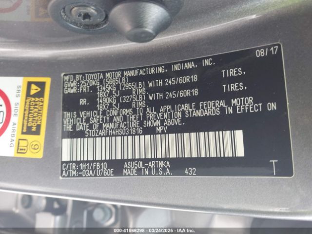 5TDZARFH4HS031816 Toyota Highlander Le