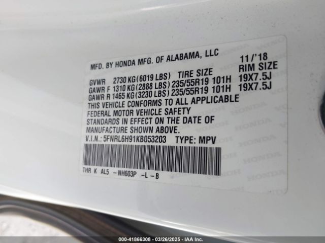 5FNRL6H91KB053203 Honda Odyssey Elite