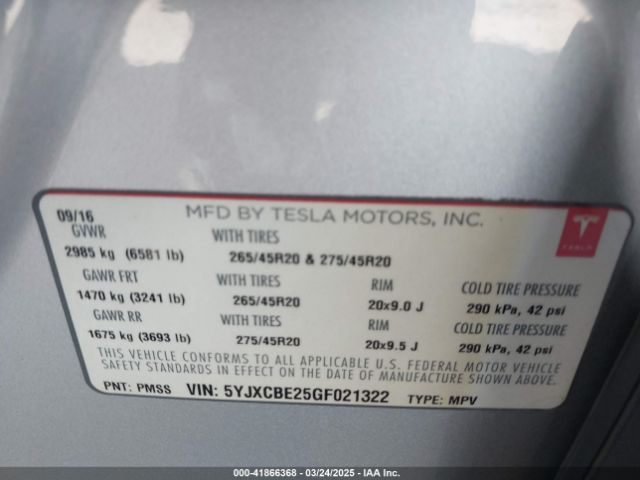 5YJXCBE25GF021322 Tesla Model X 60d/70d/75d/90d/p100d