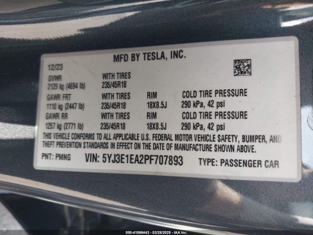 5YJ3E1EA2PF707893 Tesla Model 3 Rear-wheel Drive