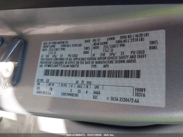 1FMCU0F77JUA16675 Ford ESCAPE S
