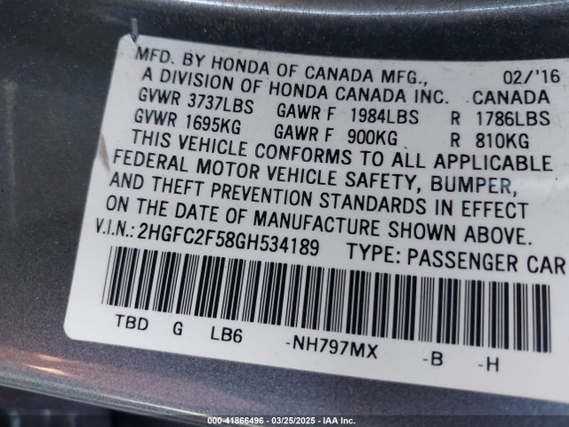 41866496 :رقم المزاد ، 2HGFC2F58GH534189 vin ، 2016 Honda Civic Lx مزاد بيع