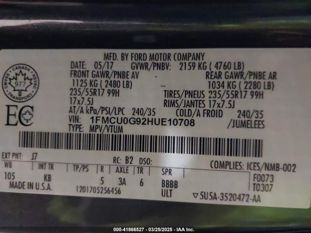 1FMCU0G92HUE10708 Ford ESCAPE SE