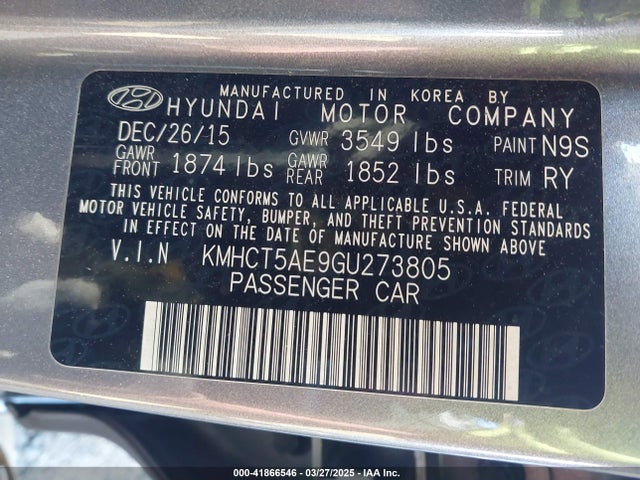 KMHCT5AE9GU273805 Hyundai ACCENT SE