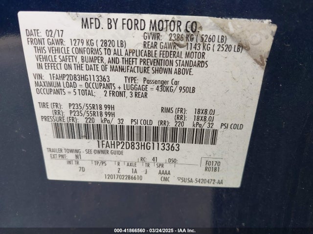1FAHP2D83HG113363 Ford TAURUS SE