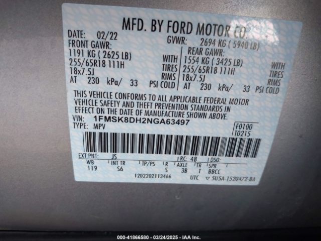 1FMSK8DH2NGA63497 Ford EXPLORER XLT