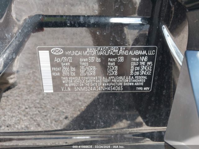 5NMS24AJ4NH454065 Hyundai Santa Fe Sel