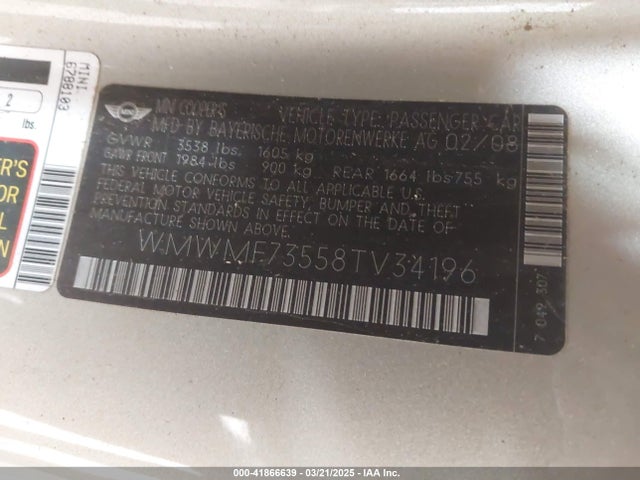 2008 MINI COOPER S WMWMF73558TV34196 Photo 8
