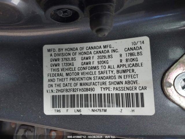 Honda r18z1 2015 2HGFB2F82FH508490 Image 9