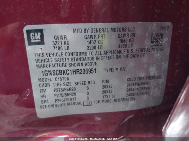 1GNSCBKC1HR236951 Chevrolet Tahoe Lt