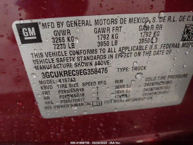 3GCUKREC9EG358476 Chevrolet Silverado 1500 2lt