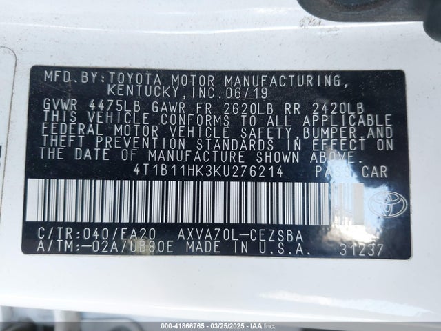 4T1B11HK3KU276214 Toyota CAMRY SE