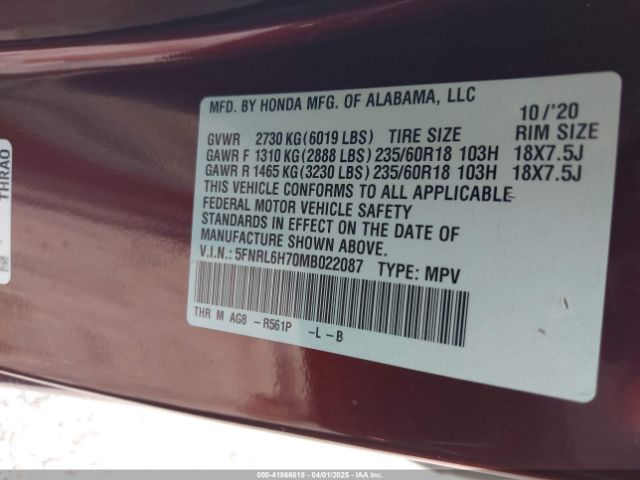5FNRL6H70MB022087 Honda Odyssey Ex-l