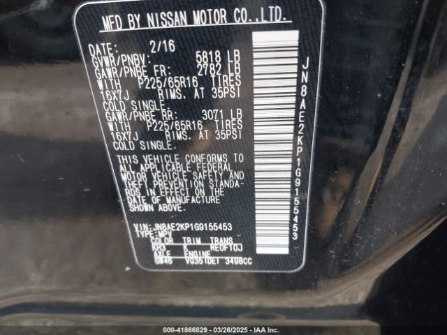 JN8AE2KP1G9155453 Nissan Quest Platinum/s/sl/sv