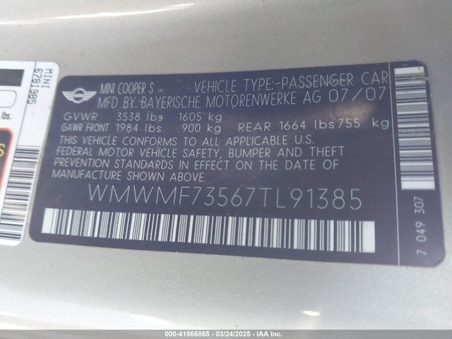 2007 MINI COOPER S WMWMF73567TL91385 Photo 8